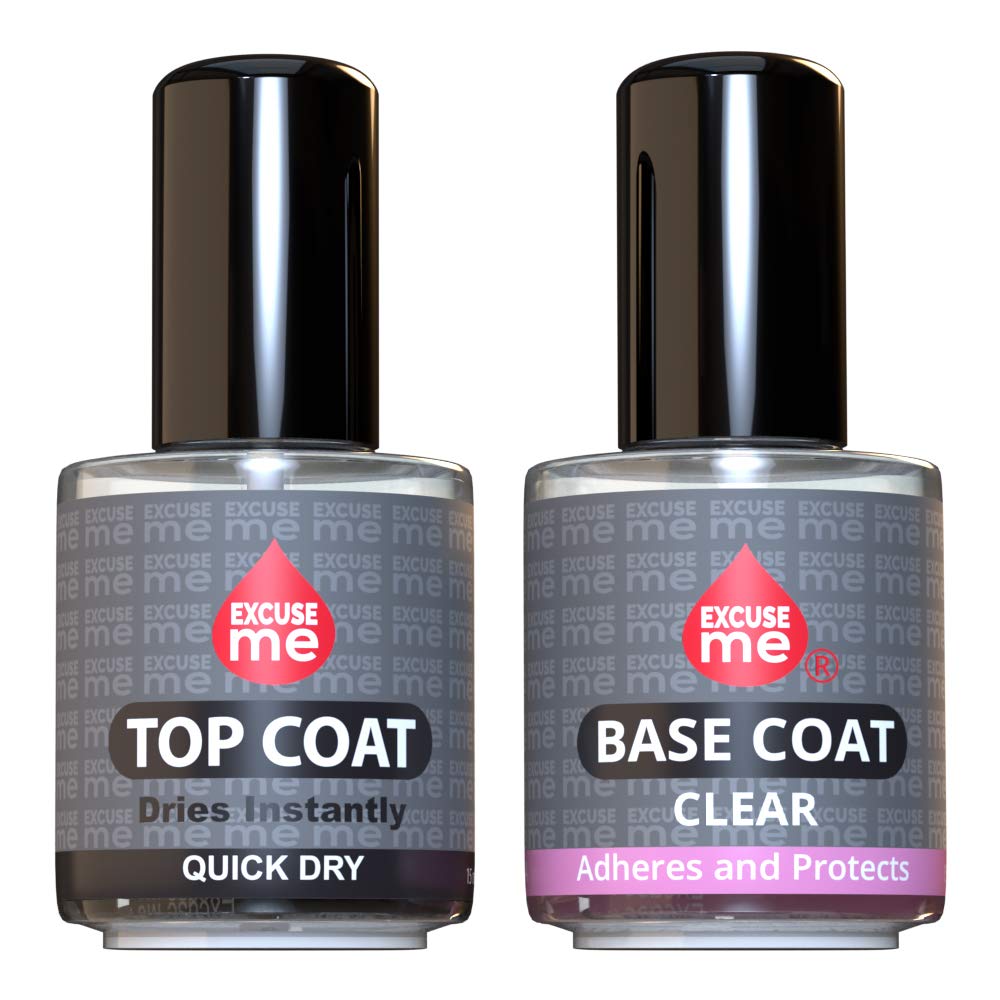 EXCUSE ME Quick Dry Fast Top Coat & Base Coat Clear Duo Set  Long Lasting 15 ml / 0.5 oz