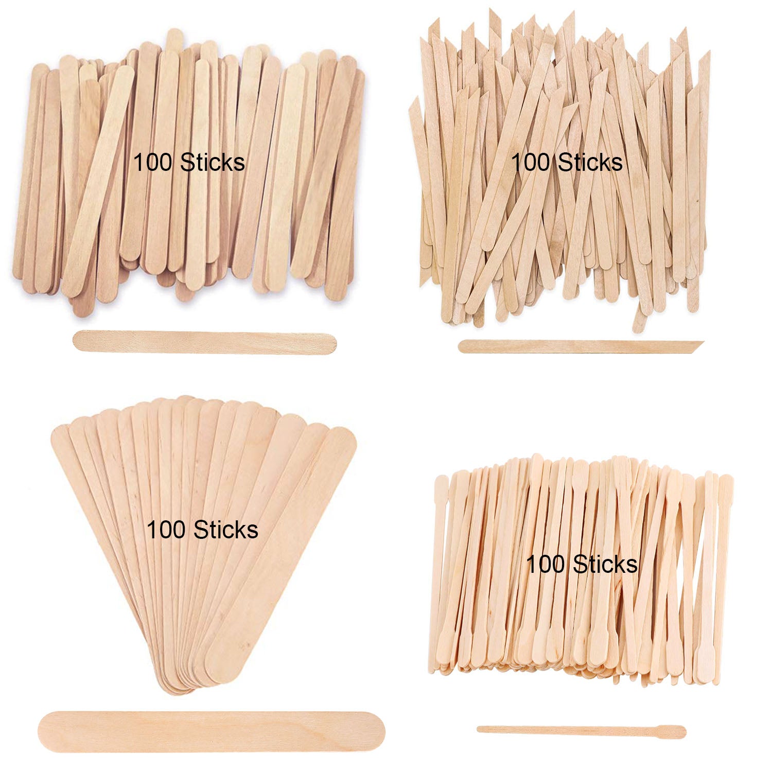 4 Style Waxing Mix Large & Small Wax Wood Sticks Applicator Spatula Assorted For Body & Face Hair Removal 400 PCS