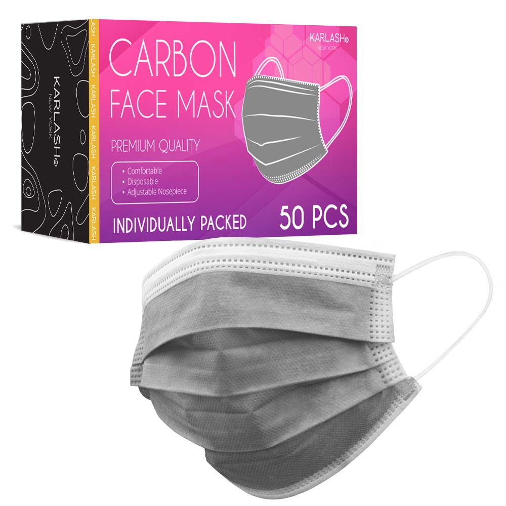 Karlash Carbon 3-Ply Disposable Face Mask Individually Wrapped with Elastic Earloops, Face Protection