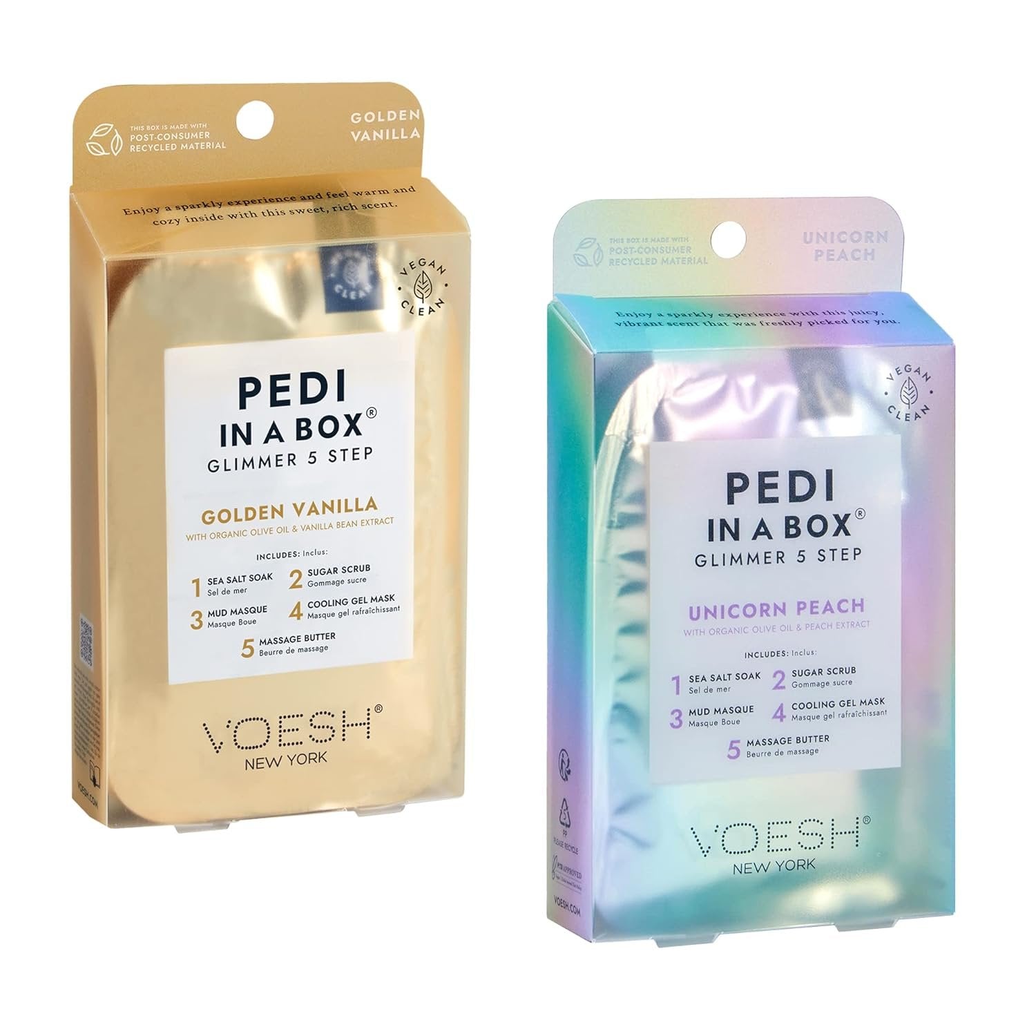 VOESH Pedi in a Box Glimmer 5 STEP Pedicure Golden Vanilla + Unicorn Peach