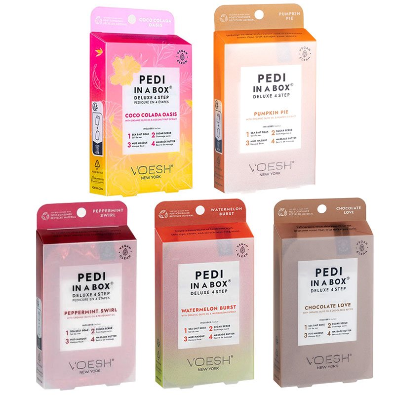 Voesh Pedi In a Box Deluxe 4 Step Pedicure kit - Mix Of 5 Scents Seasonal Pedi